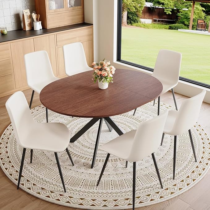 Round Dining Table Set for 6｜42"-54" Extendable Dining Room Table Set｜Wooden Kitchen Table with 6 Chairs｜Mid Century Modern Dinner Table Set with Cross Legs｜Easy Assembly｜Space Saving