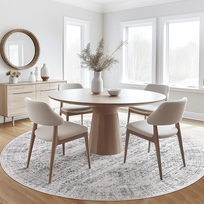 9x9 Grey Round Rug 9ft Living Room Circle Rug Vintage Round Area Rug Non Slip Indoor Carpet for Apartment