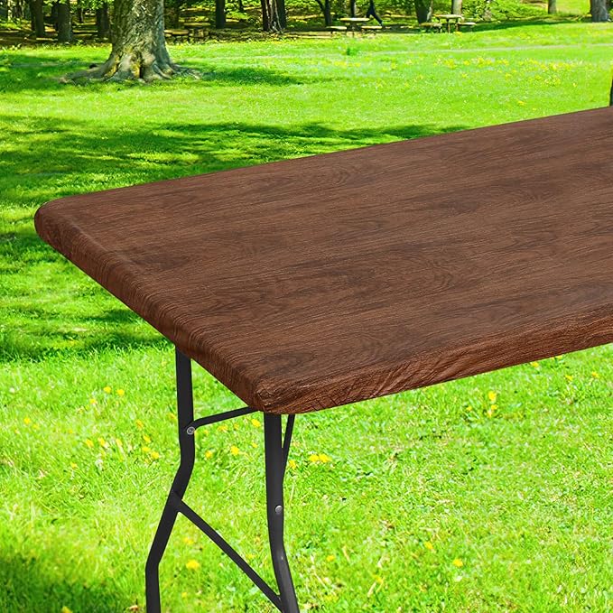 Smiry Rectangle Table Cloth Cover, Waterproof Elastic Fitted Picnic Tablecloth for 5 Foot Tables, Wipeable Flannel Backed Vinyl Tablecloths for Camping, Dining, Outdoor (Brown, 30" x 60")