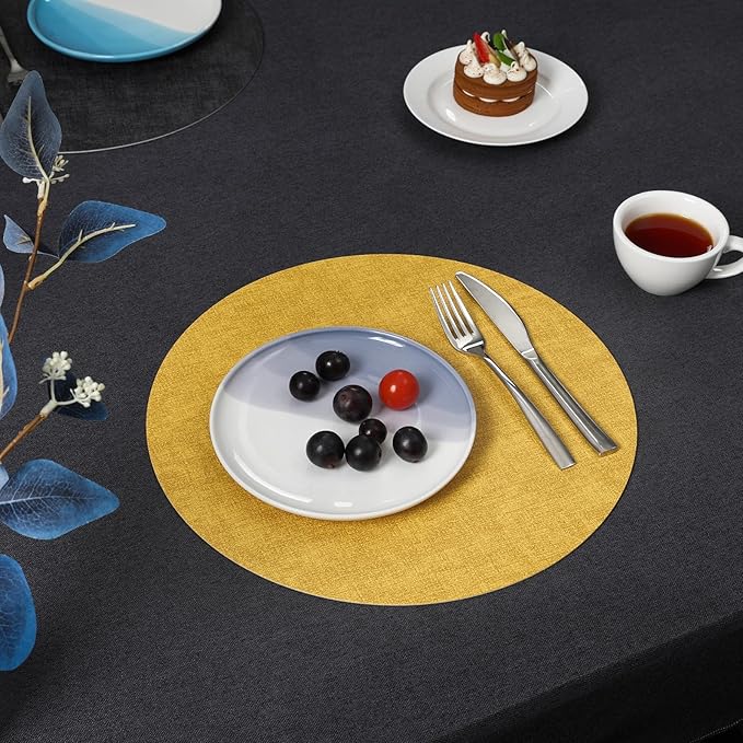 Myir JUN Round Placemats, Dual Sided Faux Leather Place Mats Set of 6 Indoor/Outdoor Non-Slip Washable Table Mats (Gray Yellow, Set of 6)