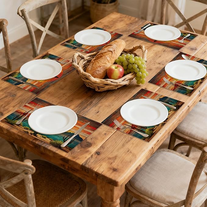 Table Placemats Set of 6, Waterproof Linen Fabric, Non-Slip Backing & Easy Clean, Elegant Dining Table Protectors for Family and Guests (Boho Cactus)