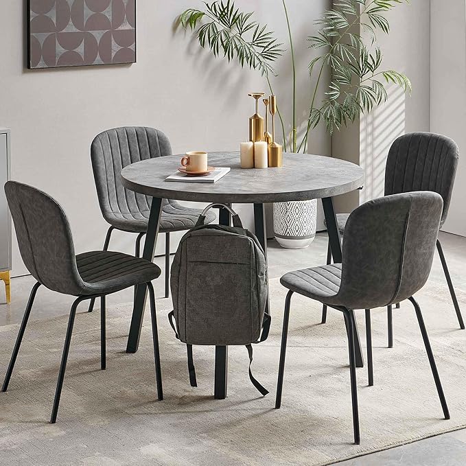 Round Dining Table Set for 4 with PU Leather Chairs - Modern Kitchen Table and Chairs Set for Small Spaces - Dark Grey
