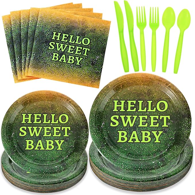Yungyan 24 Sets Green Disposable Paper Plates and Napkins Forks Plates Nature Green Ogre themed Gender Reveal Themed Party Tableware Set Dinnerware for Baby Shower Bridal Shower Wedding