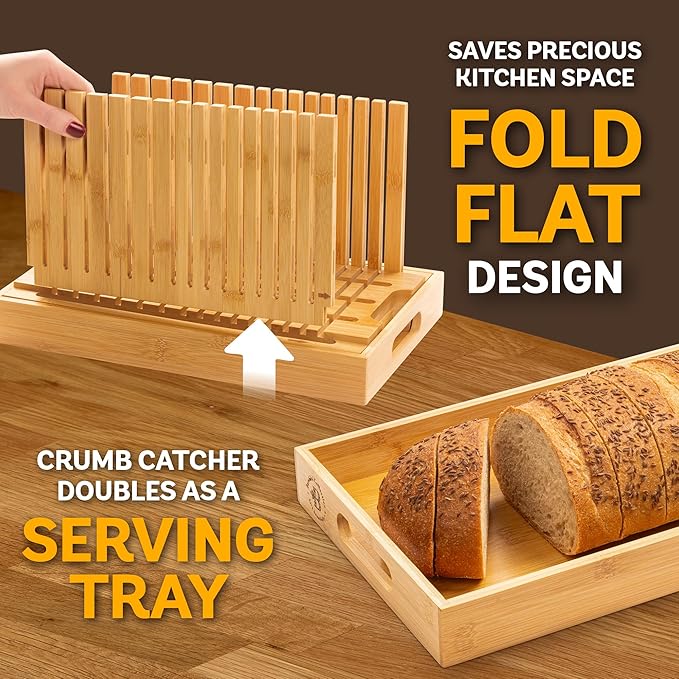 Bread Slicer for Homemade Bread - Bambüsi Upgraded Adjustable Bamboo Bread Cutter Board, Foldable Slicing Guide with Crumb Tray for Sourdough, Artisan Loaves, Bagels, Cakes, Bakery Kitchen Gadget Gift