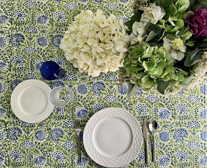 ATOSII Amara 100% Cotton Fall Tablecloth, Handblock Floral Print Rectangle Linen for Kitchen Dining I Parties Wedding Christmas Outdoors Easter I Spring Summer 72 X 140 Inches I 12 Seater