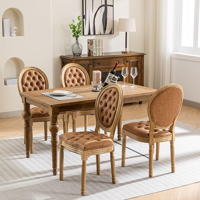 Vintage French Dining Chairs Set of 2, Round Back PU Leather Upholstered Accent Chairs with Nailhead Trim and Solid Wood Frame, Farmhouse Sillas de Comedor for Dining Room & Kitchen, Whiskey Brown