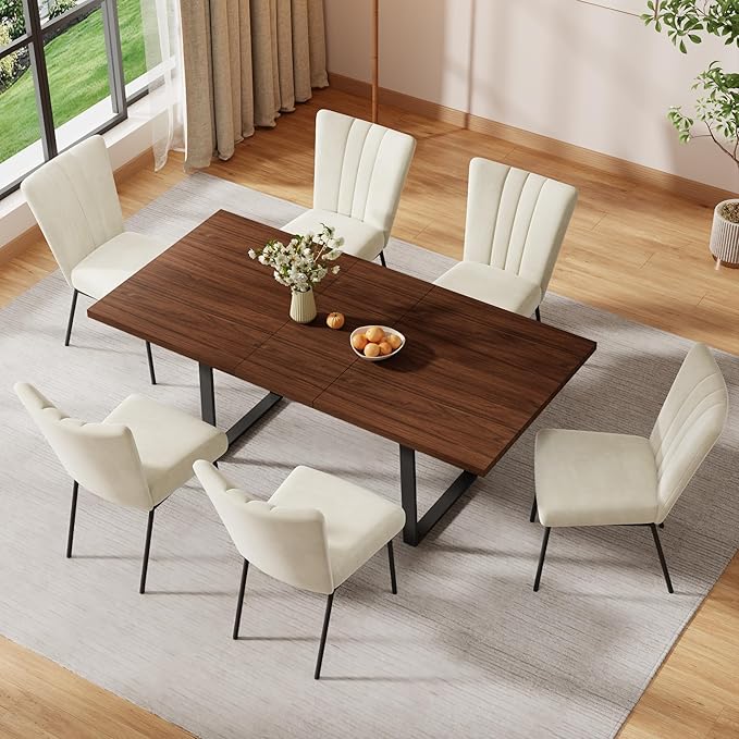 ZckyCine 63"-79" Expandable Dining Table Set for 6-8, Modern Walnut Table with Metal Legs and 6 White Velvet Upholstered Chairs, Kitchen & Dining Room Furniture, Easy Assembly