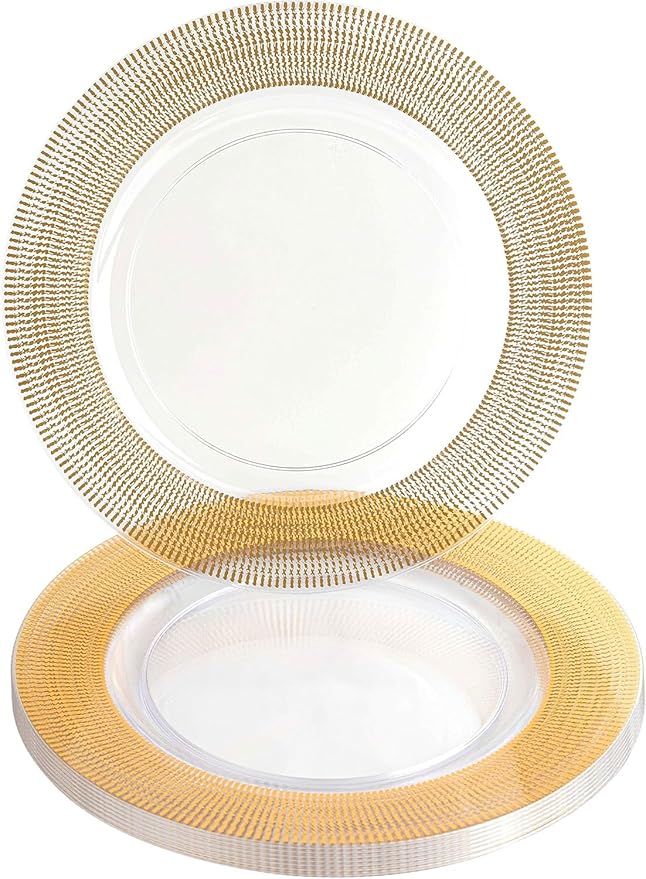 PARTY BARGAINS 13-Inch Charger Plates - 8 Pack, Clear Gold Textured Rim, Heavy-Duty Disposable Chargers for Elegant Dining - Ideal for Weddings and Formal Events