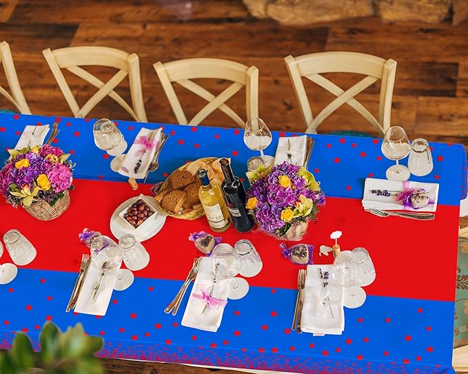 Oudain 6 Pcs Blue and Red Tablecloth for Parties Plastic Dot Tablecloths Printed Table Runner Waterproof Disposable Rectangle Table Cover for Christmas Birthday Wedding Party, 54" x 108"