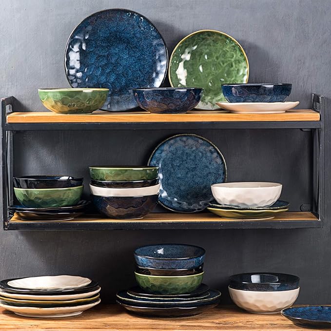 vicrays Ceramic Dinner Plates Set, 10.5 Inch, Set of 6, Round, Microwave, Oven, Dishwasher Safe, Porcelain Fluted Suitable for Steak, Pasta, Pizza, Home, Party, Restaurant (Blue)