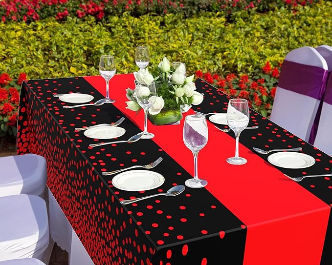 Oudain 6 Pcs Black and Red Tablecloth for Parties Plastic Dot Tablecloths Printed Table Runner Waterproof Disposable Rectangle Table Cover for Christmas Birthday Wedding Party, 54" x 108"