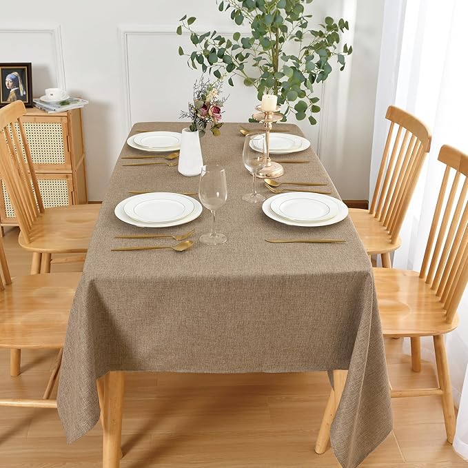JIUZHEN Faux Linen Farmhouse Tablecloth Rectangular, Wrinkle Stain Resistant Table Cloth Rectangle Table Cover for Kitchen Dining, Holiday Party Dinner, Khaki, 60 x 102 Inch