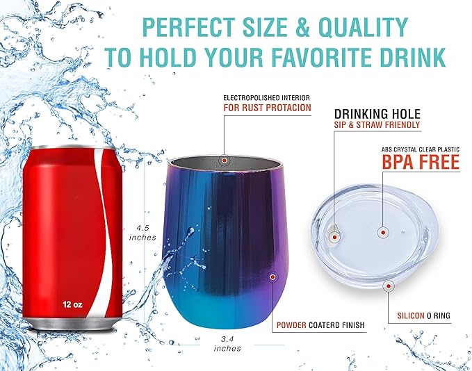 CHILLOUT LIFE 12 oz Stainless Steel Wine Tumbler with Lid - Double Wall Vacuum Insulated Wine Cup Glass Keeping Cold & Hot for Coffee, Champagne, Cocktails, Ice Cream - Dishwasher Safe Color