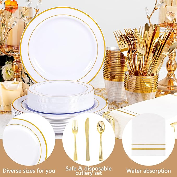 GATHER 176 Pieces Gold Dinnerware Disposable - White and Gold Plastic Plates Includes 50 Plates, 25 Plastic Silverware, 25 Napkins, 25 Cups and 1 Tablecloth for Wedding Party