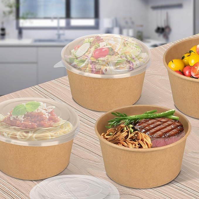 Ginkgo 30 oz Disposable Meal Prep Containers with Lids, Large Paper Bowls Bulk for Hot Soup, Food, Salad, Ice Cream, Dessert, Cereals, 60 Count