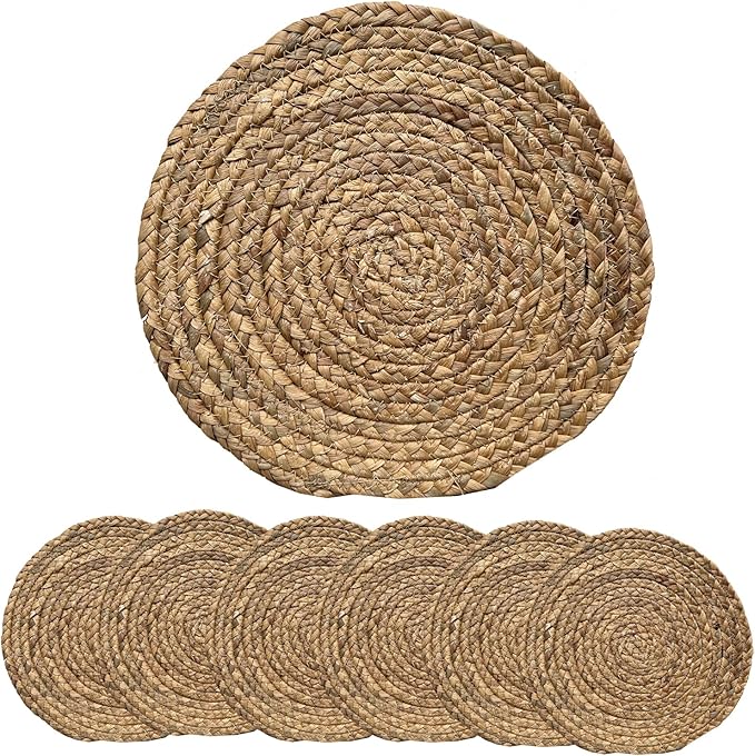 ANDSTAR Round Woven Placemats Set of 6, 12"x12", Natural Wicker Placemats, Water Hyacinth Straw Braided Placemats,Boho Place Mats for Farmhouse, Rustic Table (Water Hyacinth in Natural Color)