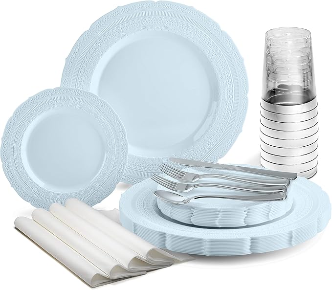 " OCCASIONS " 320pcs set (40 Guests) Extra Heavyweight Vintage Wedding Disposable/Reusable Plastic Plates -40x11'' + 40x8.25''+Silverware+Cups+Napkins (Chateau Collection Blue)