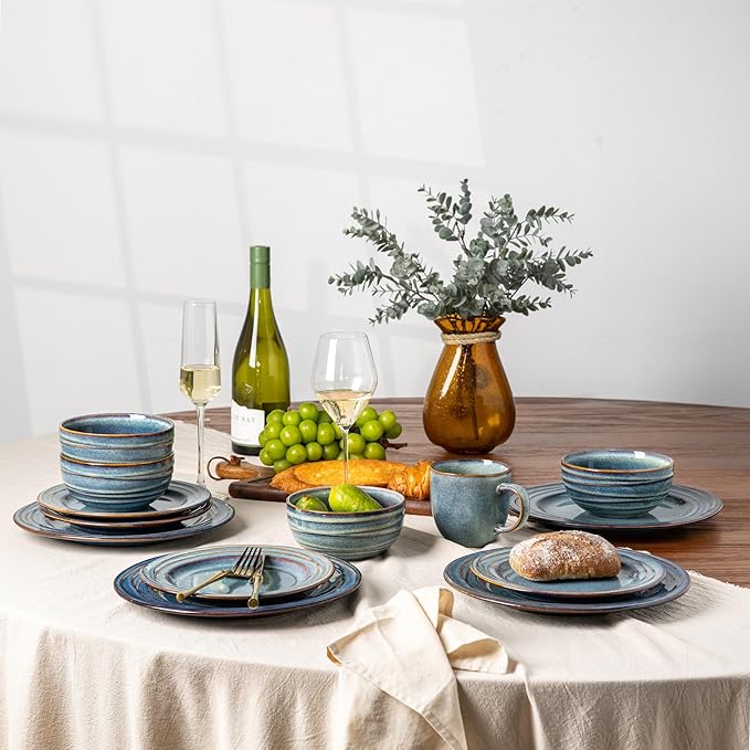 GBHOME Ceramic Dinnerware Sets,12 pcs Embossed Elegant Stoneware Plates and Bowls Sets, Housewarming Wedding Gift | Dishwasher & Microwave Safe | Dishes Set Service for 4,Ceylon Blue