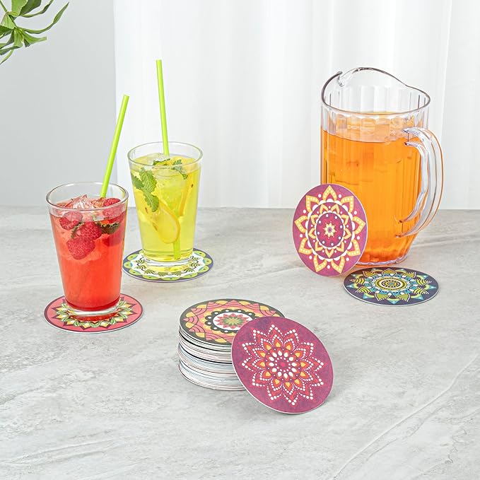 Restaurantware Super Absorbent Coasters 480 Case 4 Inch Assorted Paper Bar Coasters High-Density Pulpboard Beverage Coasters Moisture-Absorbing Durable Drink Coasters - Assorted Designs