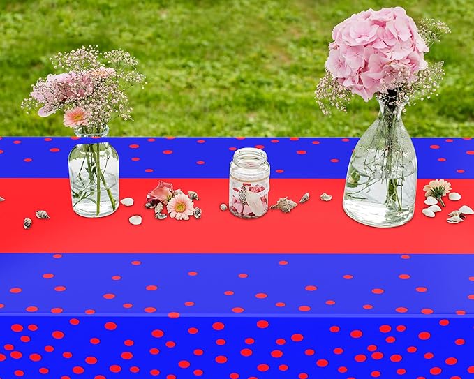 Oudain 6 Pcs Blue and Red Tablecloth for Parties Plastic Dot Tablecloths Printed Table Runner Waterproof Disposable Rectangle Table Cover for Christmas Birthday Wedding Party, 54" x 108"