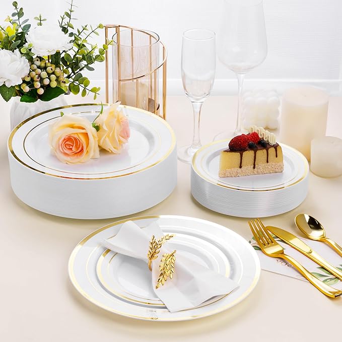 BESTSTAR 100PCS White Plastic Plates for Party, 10.25 Inch Disposable Plates with Gold Rim, Heavy Duty Dinner Plates for Christmas, Party, Wedding and Birthday