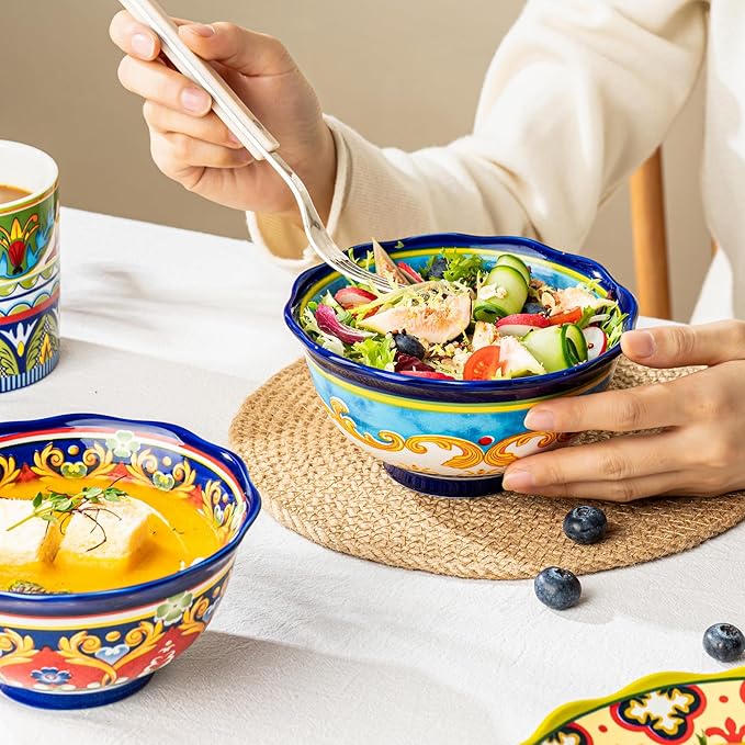 UNICASA Ceramic Soup Bowls Set, 16 oz Cereal Bowls Set of 4, Porcelain Colorful Bowls for Ramen, Dessert, Snack, Boho Style, Dishwasher & Microwave Safe