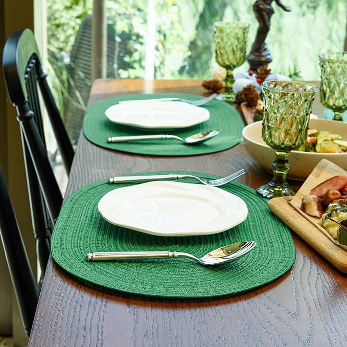 Noctiflorous Oval Braided Placemats Set of 8 Woven 12x18 Inch Non Slip Washable Heat Resistant Place Mats Round Tablemats for Dining Kitchen Party Daily Table Decor Dinner Mats (Green Shine, 8)