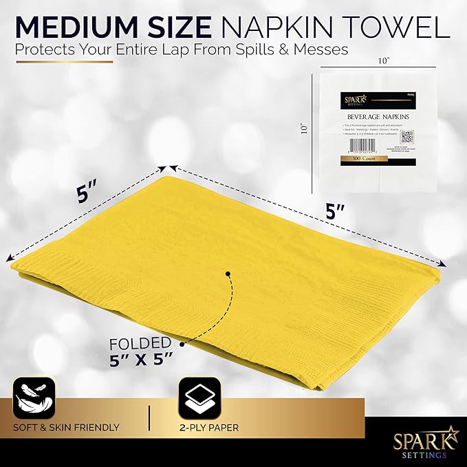 100 Pack Yellow Beverage Napkins, Big Party Pack, 2 Ply, Ideal for Wedding, Party, Birthday, Dinner, Lunch, Cocktails. (5” x 5”) by Amcrate