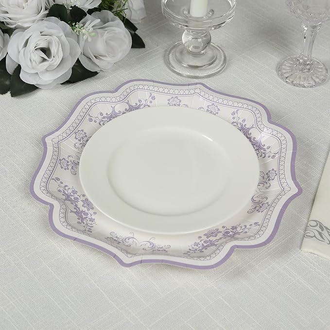 50 Pack 8" White Lavender Lilac French Toile Dessert Plates, Disposable Round Paper Floral Pattern Appetizer Salad Plates 300 GSM for Party Decoration