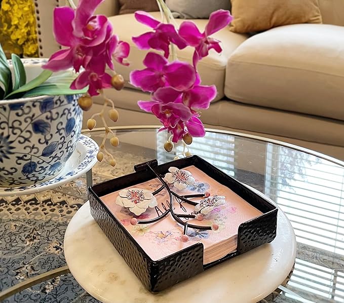 Black Flat Square Napkin Holder with White Pink Orchid Blooms | Orchid Flowers Metal Hinged Weighted Arm | Serviette Paper Hand Towel Storage Caddy Tray Organizer Dispenser | Home Restaurant