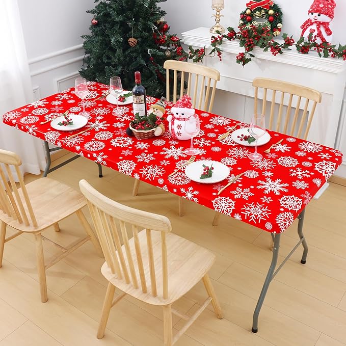 Smiry Plastic Christmas Tablecloth, Snowflake Waterproof Elastic Fitted Table Covers, Wipeable Flannel Backed Vinyl Tablecloths for Christmas Dinner, and New Year Celebration (Red, 30x48 Inches)