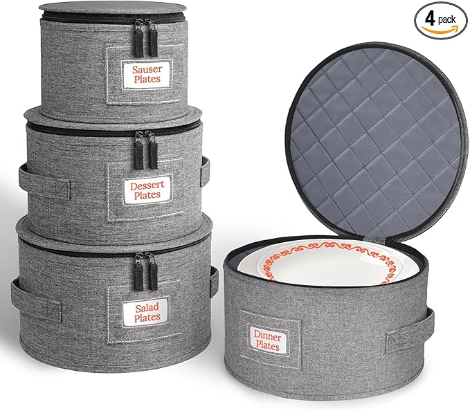 Cirhy Hard Shell Plate Storage Containers 4-Piece Set - Reinforced Hard-Sided Moving Boxes for Dinner Plates, Bowls & Saucers - Stackable Dish Packing Protectors with 48 Felt Dividers