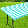 Smiry Rectangle Picnic Table Cloth, Elastic Waterproof Fitted Vinyl Tablecloths, Flannel Backed Buffalo Plaid Table Covers for Dining, Camping, Outdoor (White and Teal, 30" x 96")