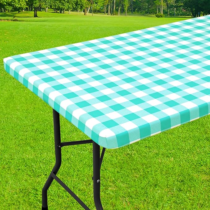 Smiry Rectangle Picnic Table Cloth, Elastic Waterproof Fitted Vinyl Tablecloths, Flannel Backed Buffalo Plaid Table Covers for Dining, Camping, Outdoor (White and Teal, 30" x 48")