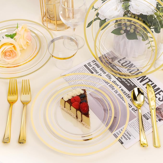 BESTSTAR 100PCS Clear Plastic Plates for Party, 10.25 Inch Disposable Plates with Gold Rim, Heavy Duty Dinner Plates for Christmas, Wedding and Birthday