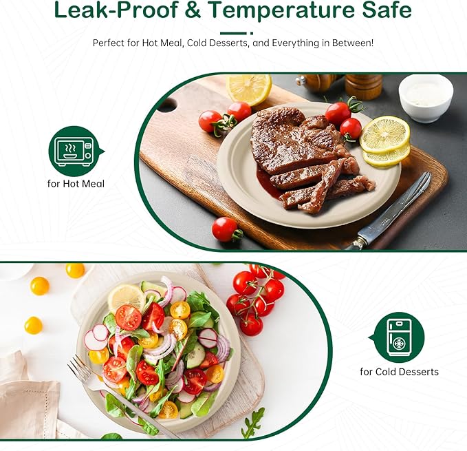 9 Inch 128 Pack Compostable Disposable Paper Plates, Dinner Plates, Heavy Duty Sugarcane Bagasse, Biodegradable Eco-Friendly, Soak Proof & Cut Resistant, Unbleached Natural
