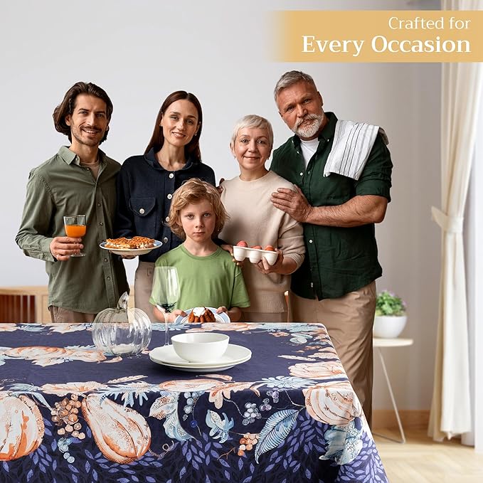 Maison d' Hermine Table Cloth Rectangle Table 100% Cotton 70 x 140 Inches Fall Tablecloth Reusable Everyday Use for Thanksgiving Christmas Decorations Dining Farmhouse Party (Pumpkin Blues)