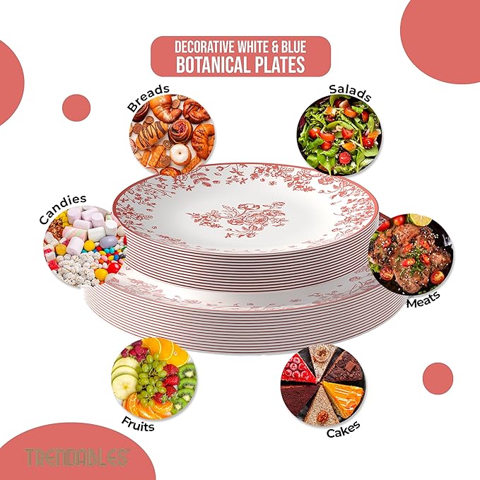 Trendables Disposable Plates For Party Supplies | Pink Floral Plastic Plates For Wedding 200 Pcs - 100 X 8 & 100 X 10 Dinner Plate Sets | Floral Plate Set Disposable Plastic Dinnerware Sets