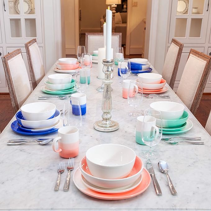 Ombre Porcelain Pasta Bowls, Ceramic Serving Bowls, Low Salad Bowls Set of 4-40 oz - Oia Blue - Ombre Dinnerware Collection
