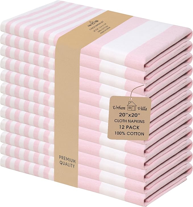 Urban Villa DinnerNapkins Horizontal Stripes Cloth Napkins Set of 12 Pink Color Dinner Napkins 20x20 Inches 100% Cotton Over Sized Cloth Napkins with Mitered Corners DinnerNapkins
