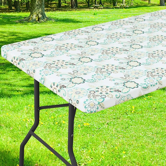 Smiry Rectangle Table Cloth Cover, Waterproof Elastic Fitted Picnic Tablecloth for 8 Foot Tables, Wipeable Flannel Backed Vinyl Tablecloths for Camping, Dining, Outdoor (Teal & White, 30" x 96")