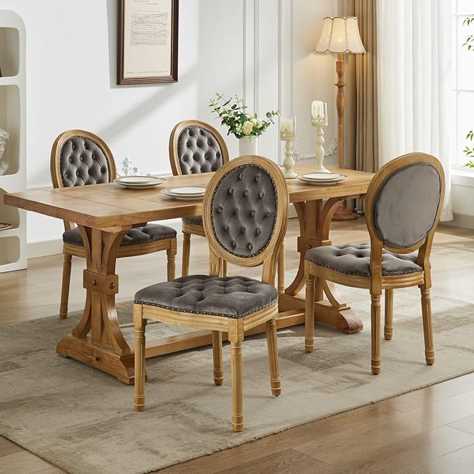 Vintage French Dining Chairs Set of 8, Round Back Velvet Upholstered Accent Chairs with Nailhead Trim and Solid Wood Frame, Elegant Sillas de Comedor for Dining Room & Kitchen, Gray
