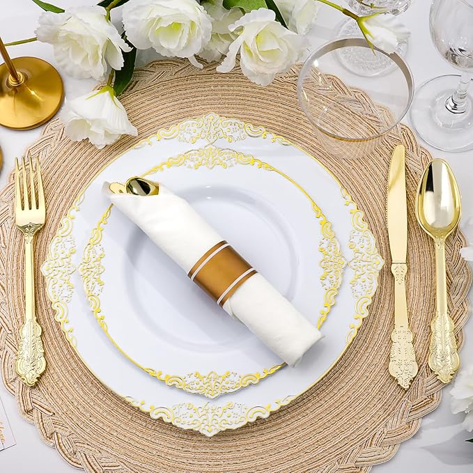 350 PCS White and Gold Plastic Plates, Plastic Dinnerware Set for 50 Guests, 100 Disposable Plates, 150 Silverwares, 50 Cups, 50 Napkins for Party, Wedding, Graduation