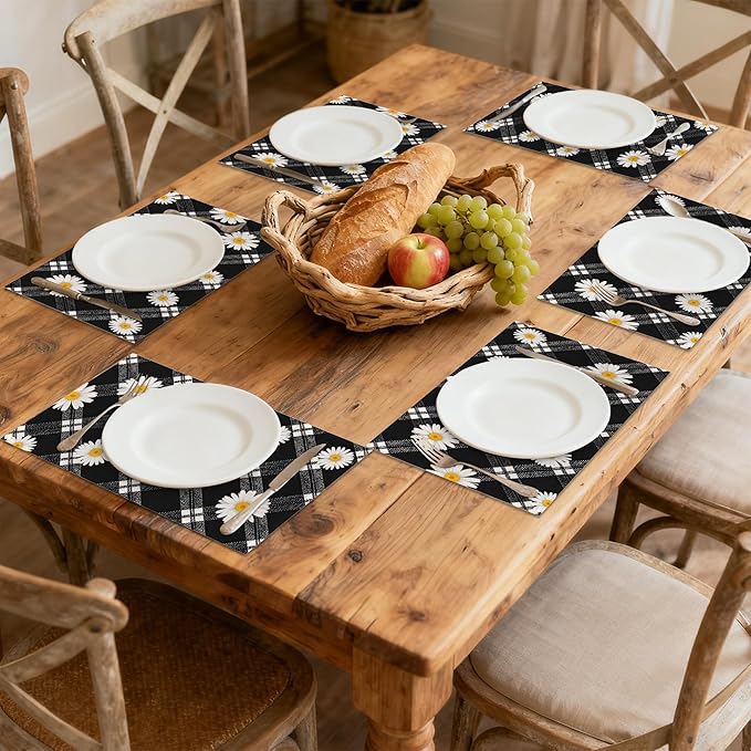 Daisy Floral 12x18 Inch Placemats Set of 6 - Waterproof, Non-Slip & Washable Table Mats for Kitchen & Dining Table Placemats