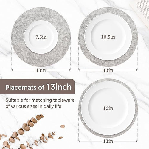 13" Round Placemats Set of 6, Reversible Faux Leather Heat Resistant Table Mats, Waterproof Oilproof Wipeable Table Protective Placemats for Vinyl, Washable for Indoor & Outdoor Use (6, Light Grey)