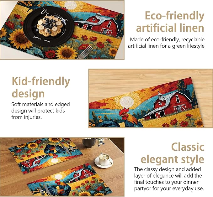Painting Sunflowers Rooster 12x18 Inch Placemats Set of 6 - Waterproof, Non-Slip & Washable Table Mats for Kitchen & Dining Table Placemats