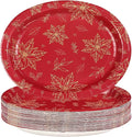 50Pcs Christmas Oval Paper Plates 10" x 12" Large Disposable Heavy Duty Red Gold Flower Poinsettia Paper Platters Xmas Poinsettia Themed Dessert Plates for Christmas Winter Holiday Party Supplies
