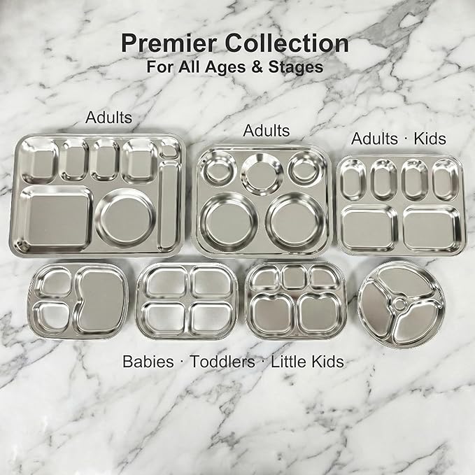 Korean Stainless Steel Divided Plates for Toddlers, Kids, Babies, Premium 304, Electro-Polished, No Black Residue, BPA-Free, 4-Compartment Food Tray, Camping, Balanced Meals, Set of 2