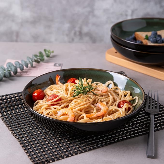 LERATIO 9.0" Pasta Bowls,38oz Ceramic Pasta Bowls,Reactive Glaze Pasta Bowl Set of 4,Microwave & Dishwasher,Oven Safe,Large Wide Serving Bowls for Salad, Dessert,Scratch Resistant-Green