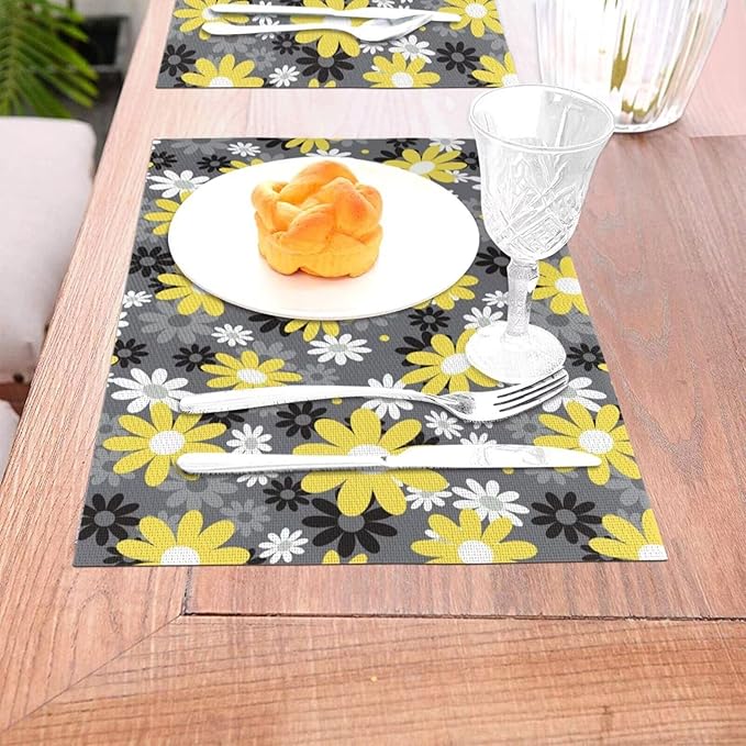 Placemats Set of 6 Vintage Daisy Place Mats Abstract White Yellow Floral Woven Table Mats Washable Black Grey PVC Placemat for Dining Kitchen Decor Indoor Outdoor, 12 x 18 Inch